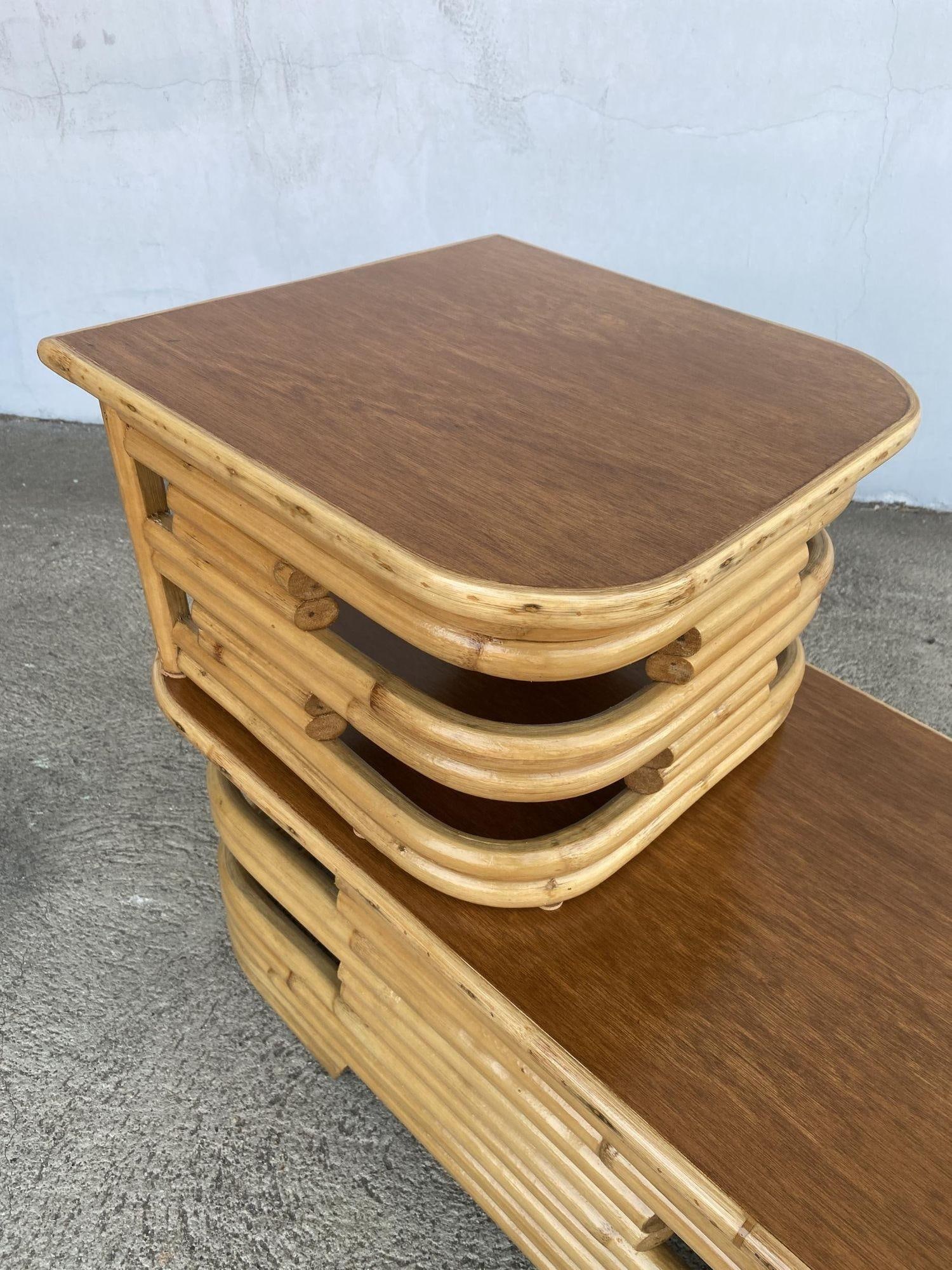 Restored Two-Tier Stacked Rattan Side Table with Mahogany Tops, Pair - 14