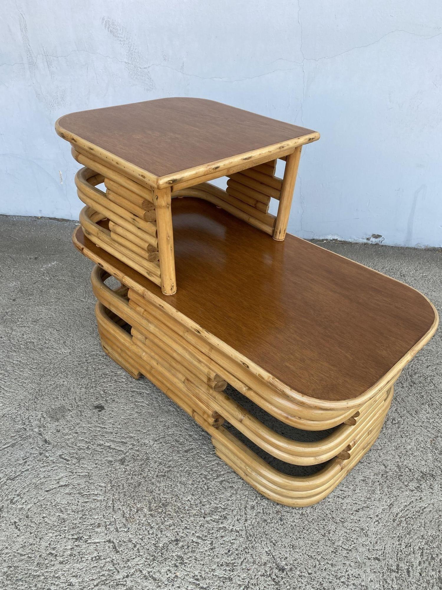 Restored Two-Tier Stacked Rattan Side Table with Mahogany Tops, Pair - 17