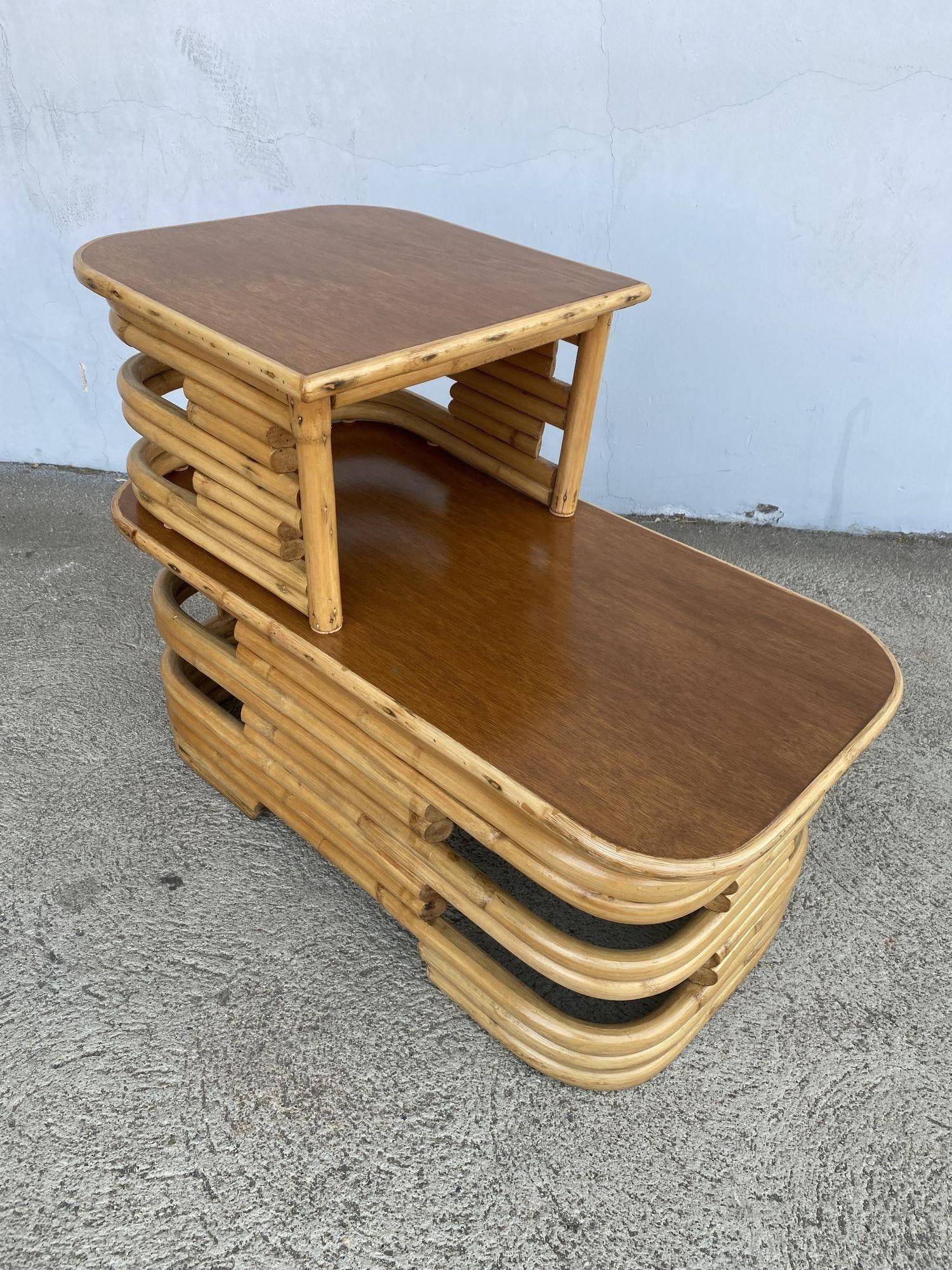 Restored Two-Tier Stacked Rattan Side Table with Mahogany Tops, Pair - 18