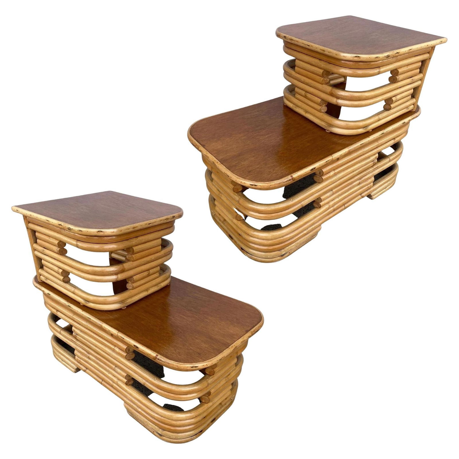 Restored Two-Tier Stacked Rattan Side Table with Mahogany Tops, Pair (1 of 19)