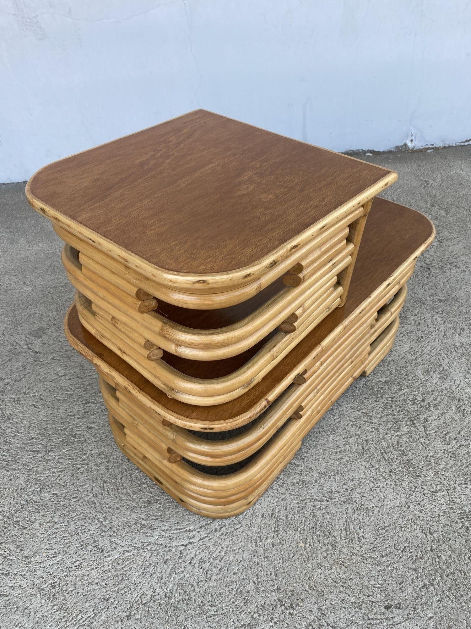 Restored Two-Tier Stacked Rattan Side Table with Mahogany Tops, Pair - 5