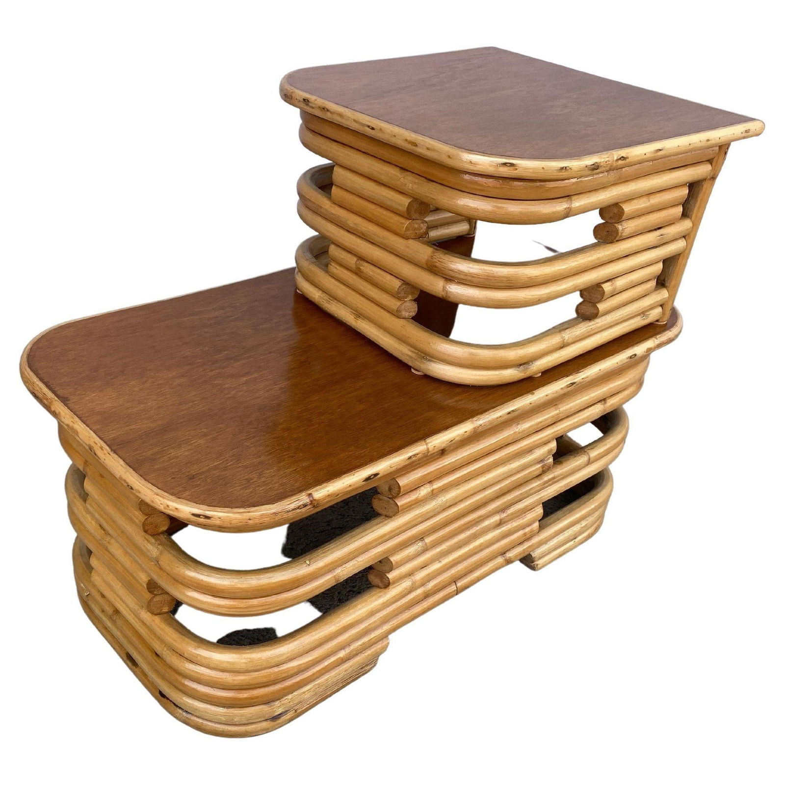 Restored Two-Tier Stacked Rattan Side Table with Mahogany Tops, Pair - 8