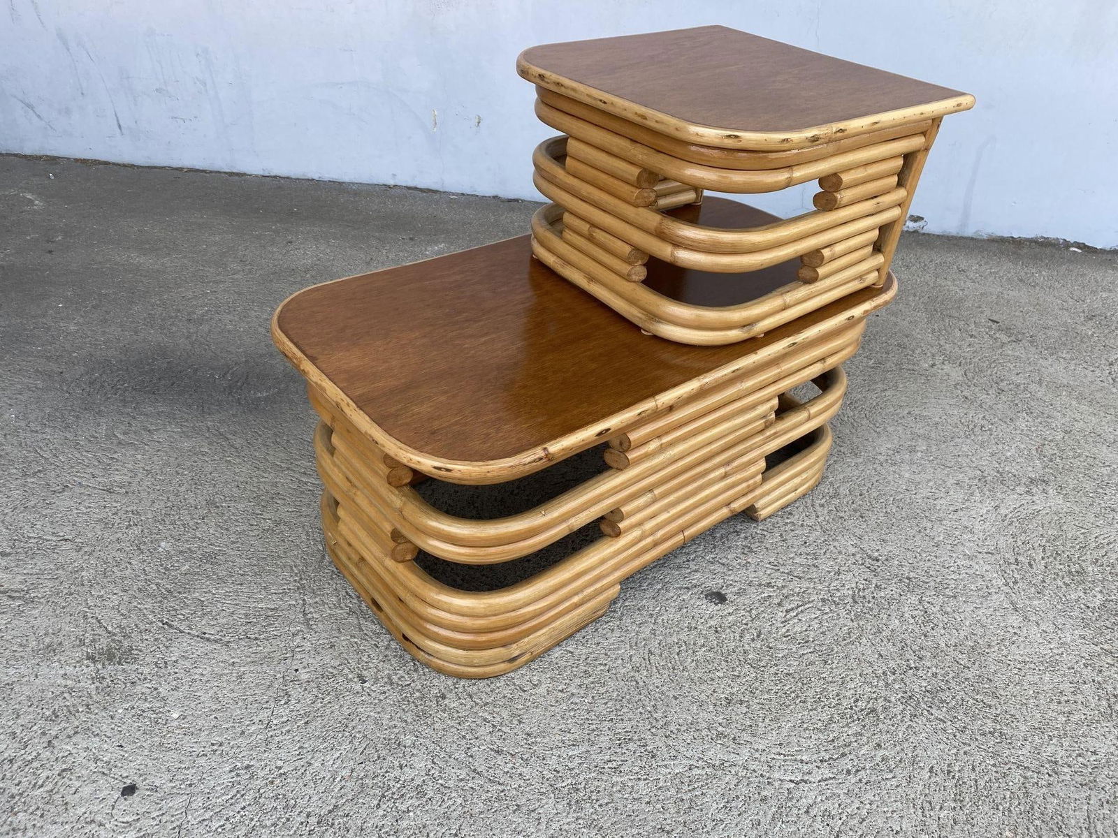 Restored Two-Tier Stacked Rattan Side Table with Mahogany Tops, Pair - 9