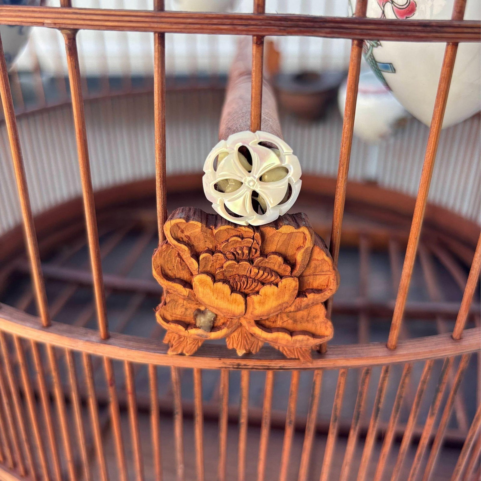 Antique Chinese Reed Rattan Birdcage Porcelain Bowls, Jade, with Pin Lock - 15