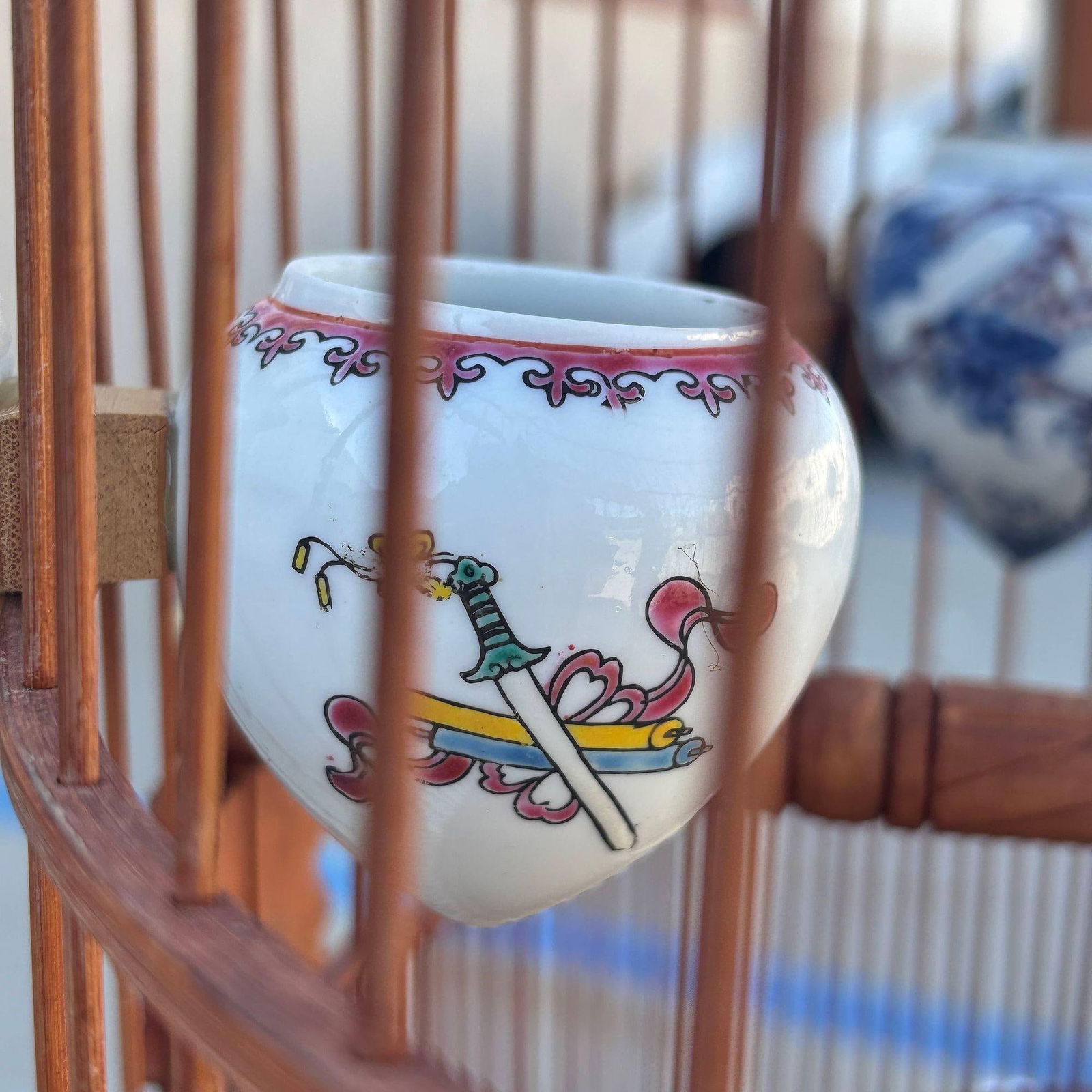 Antique Chinese Reed Rattan Birdcage Porcelain Bowls, Jade, with Pin Lock - 4