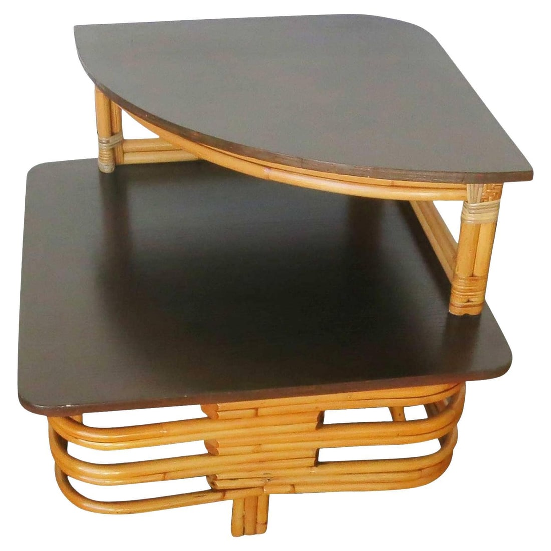 Restored Stacked Rattan & Mahogany Corner Side Side Table - 15