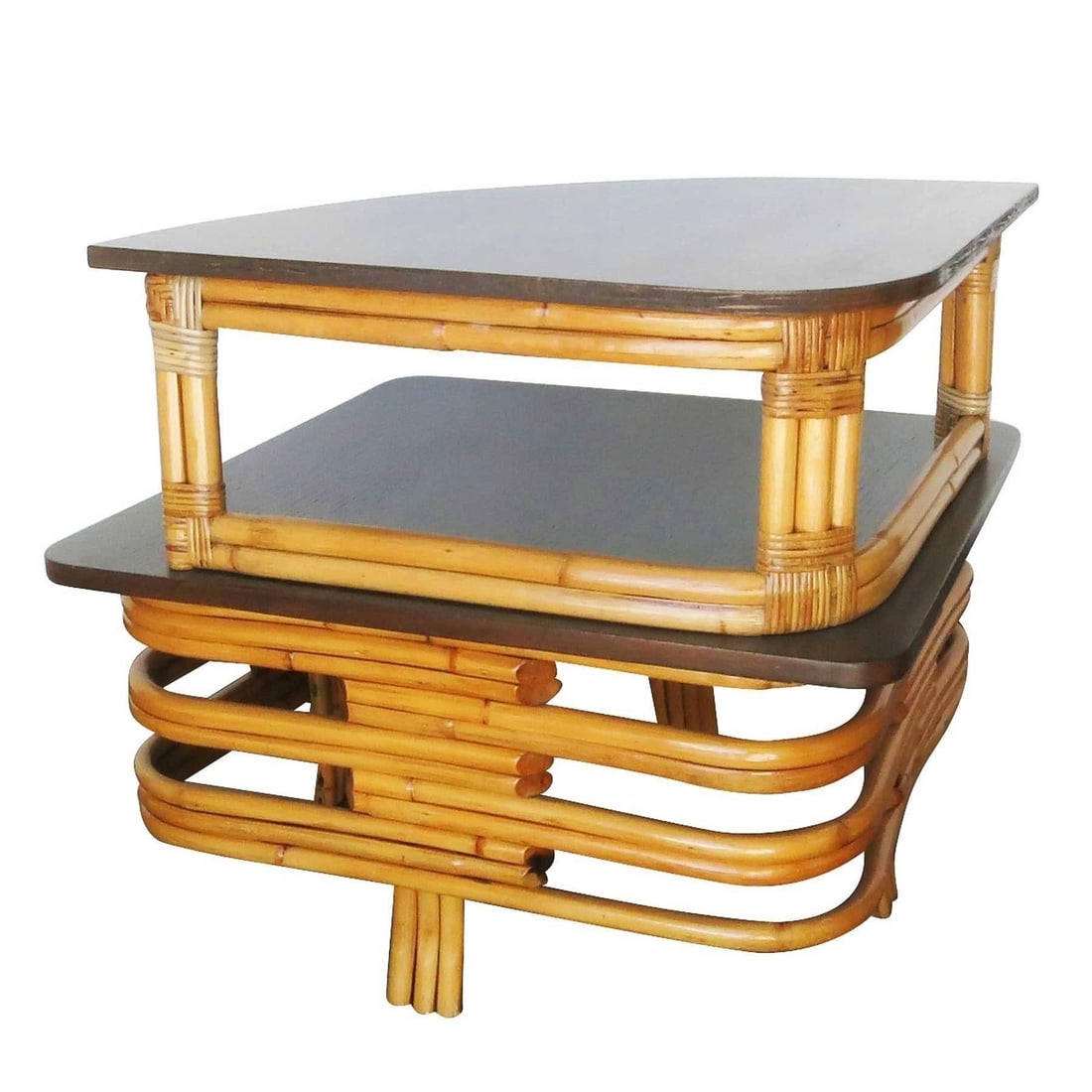 Restored Stacked Rattan & Mahogany Corner Side Side Table - 2