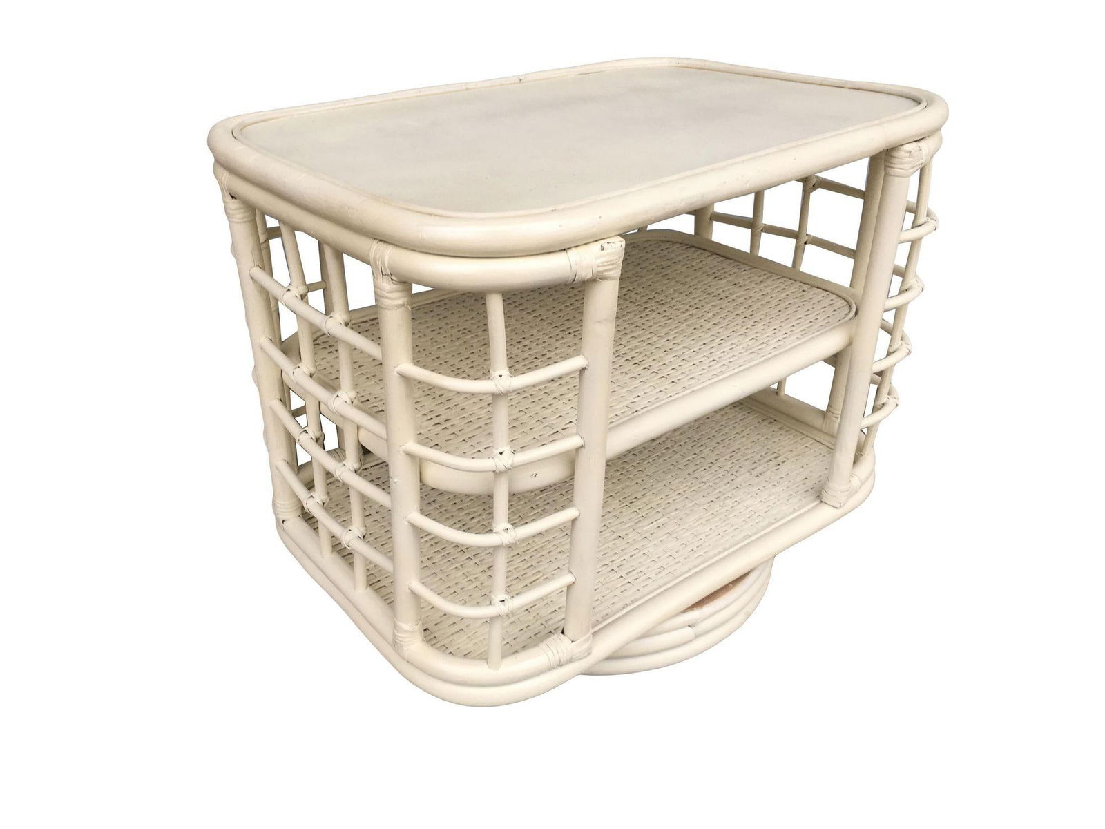 Restored White Cage Rattan Side Table Swivel Bookshelf - 14