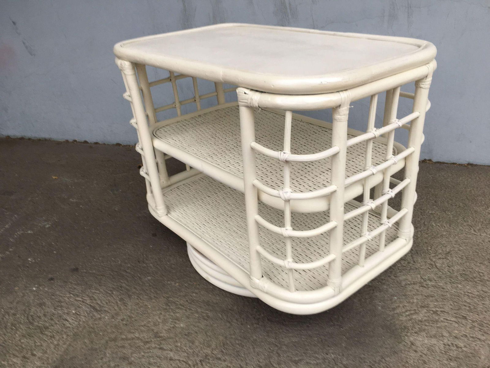 Restored White Cage Rattan Side Table Swivel Bookshelf - 2