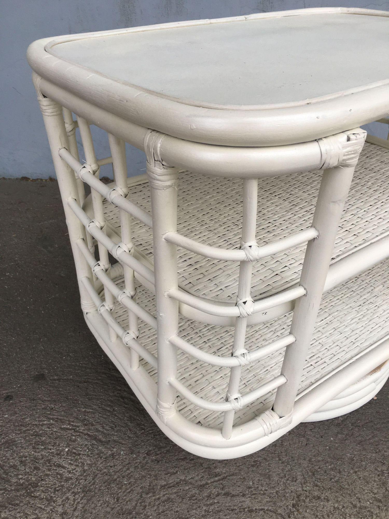 Restored White Cage Rattan Side Table Swivel Bookshelf - 9
