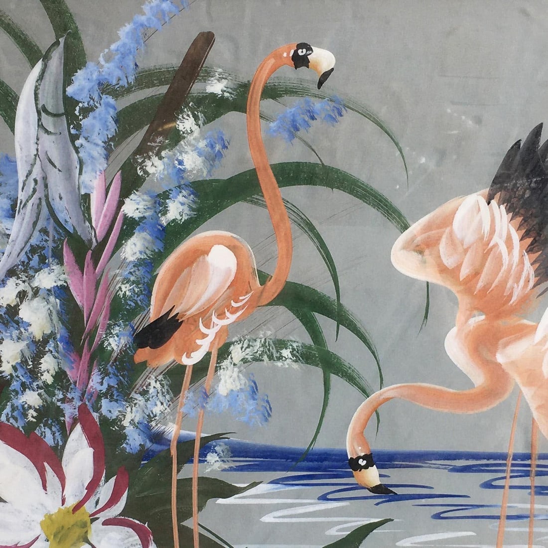 Restored Tropical Flamingos Acrylic on Paper in Original Frame, Unisgned - 4
