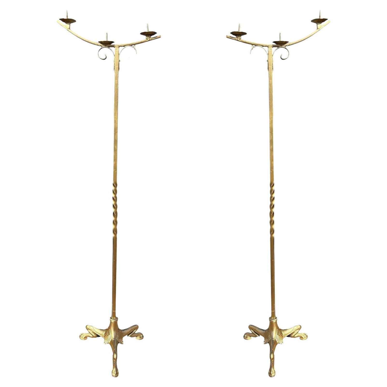 Hollywood Regency Brass-tone Floor Standing Candelabra w/ Claw-foot Base, Pair - 7