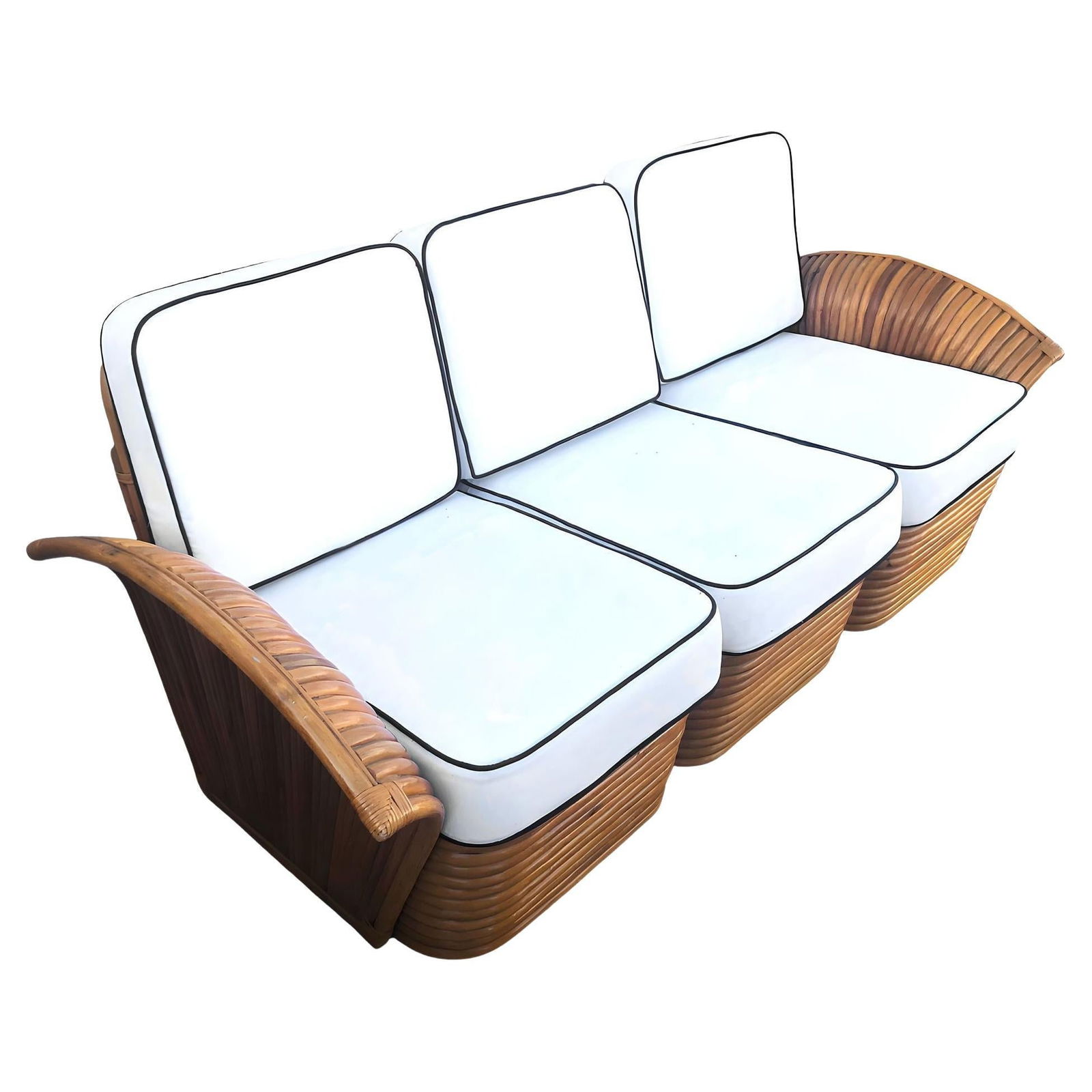 Restored Art Deco Rattan "Fan Arm" Three-Seat Section Sofa w/ Stacked Base (1 of 6)