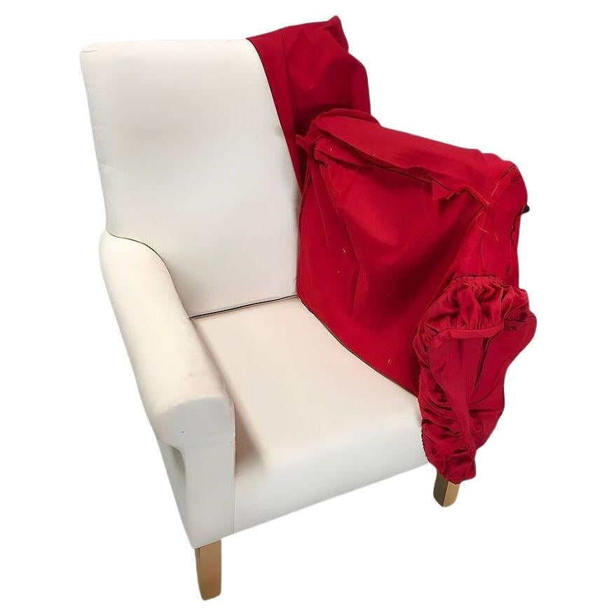 White Muslim Cloth Club Chair W/ Red Cover from Red Corner Movie 1997: Title: White Muslim Cloth Club Chair W/ Red Cover from Red Corner Movie 1997 Description: Custom-made traditional club chair for the set of the "Red Corner" movie in 1997, featuring Richard Gere. They