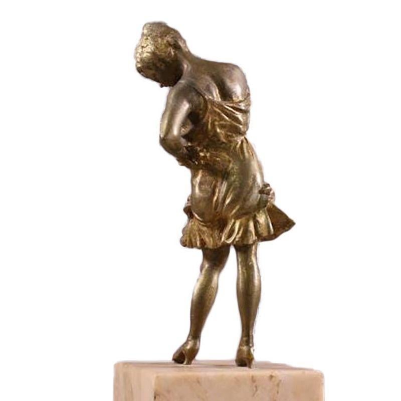 Brass Art Deco Flapper Girl Sculpture on Peach Marble Obelisk - 6