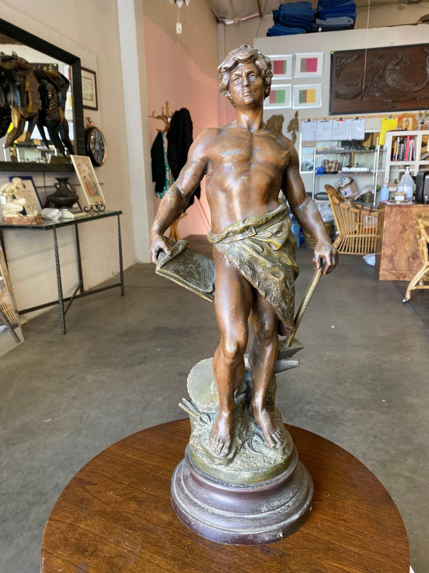 French "Le Travail" Hammership Spelter Sculpture by Francois Moreau, Circa 1900 - 13