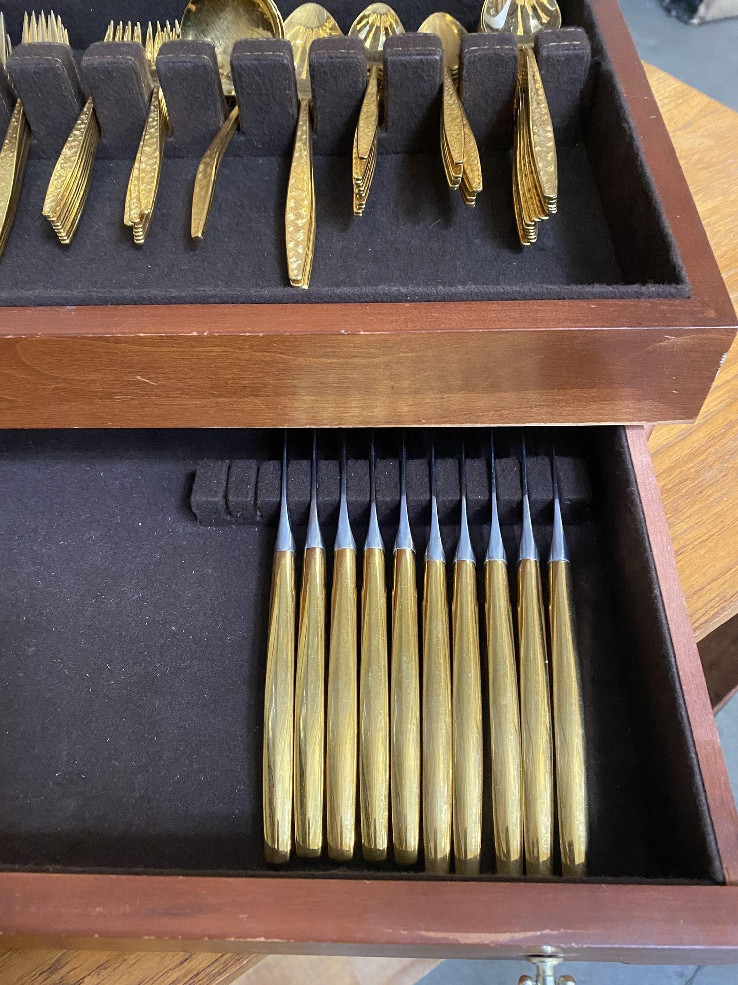 Modernist Pattern Gold Plated Stainless Flatware Set of 92 by 1847 Rogers Bros - 12