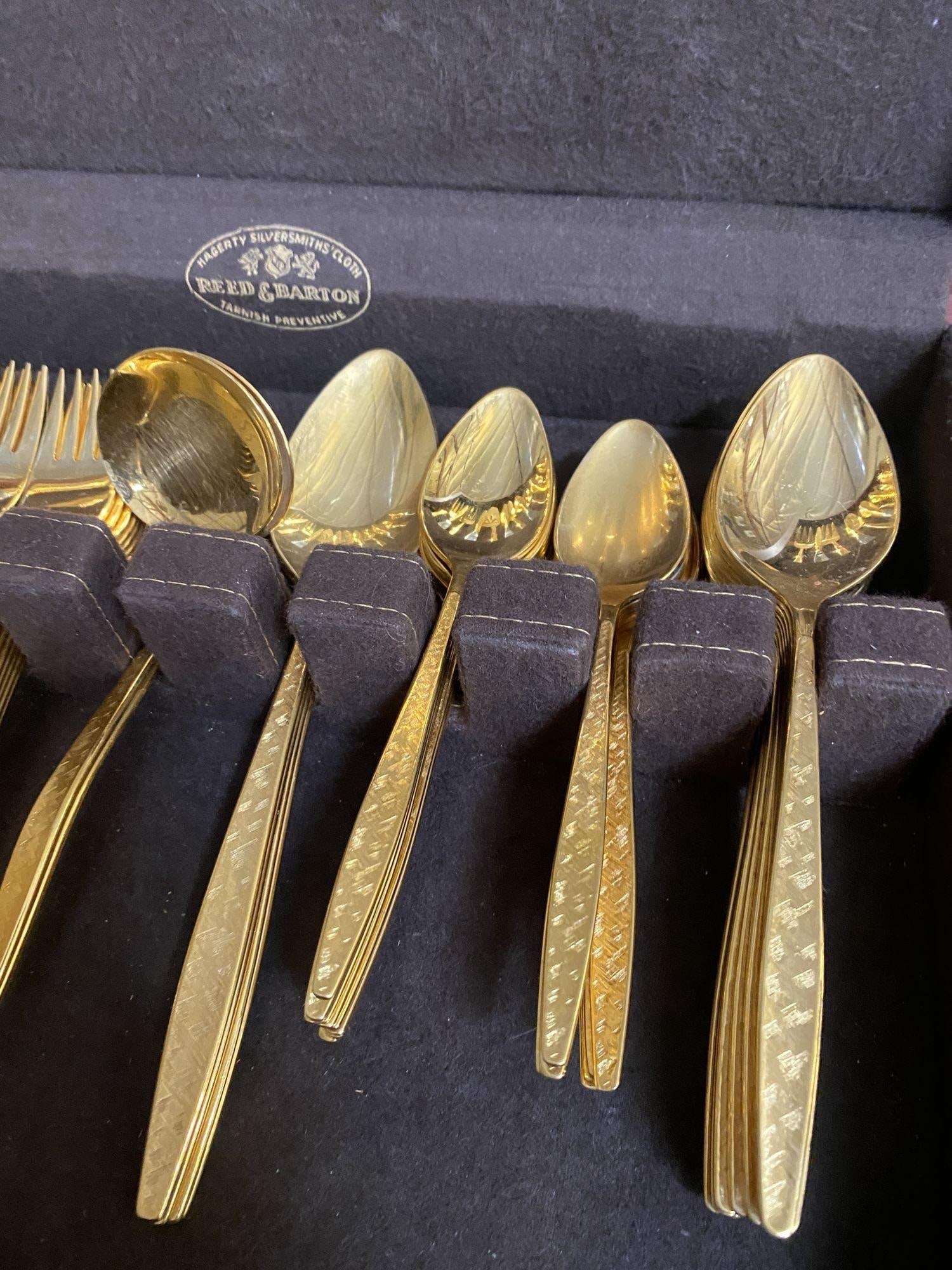 Modernist Pattern Gold Plated Stainless Flatware Set of 92 by 1847 Rogers Bros - 13