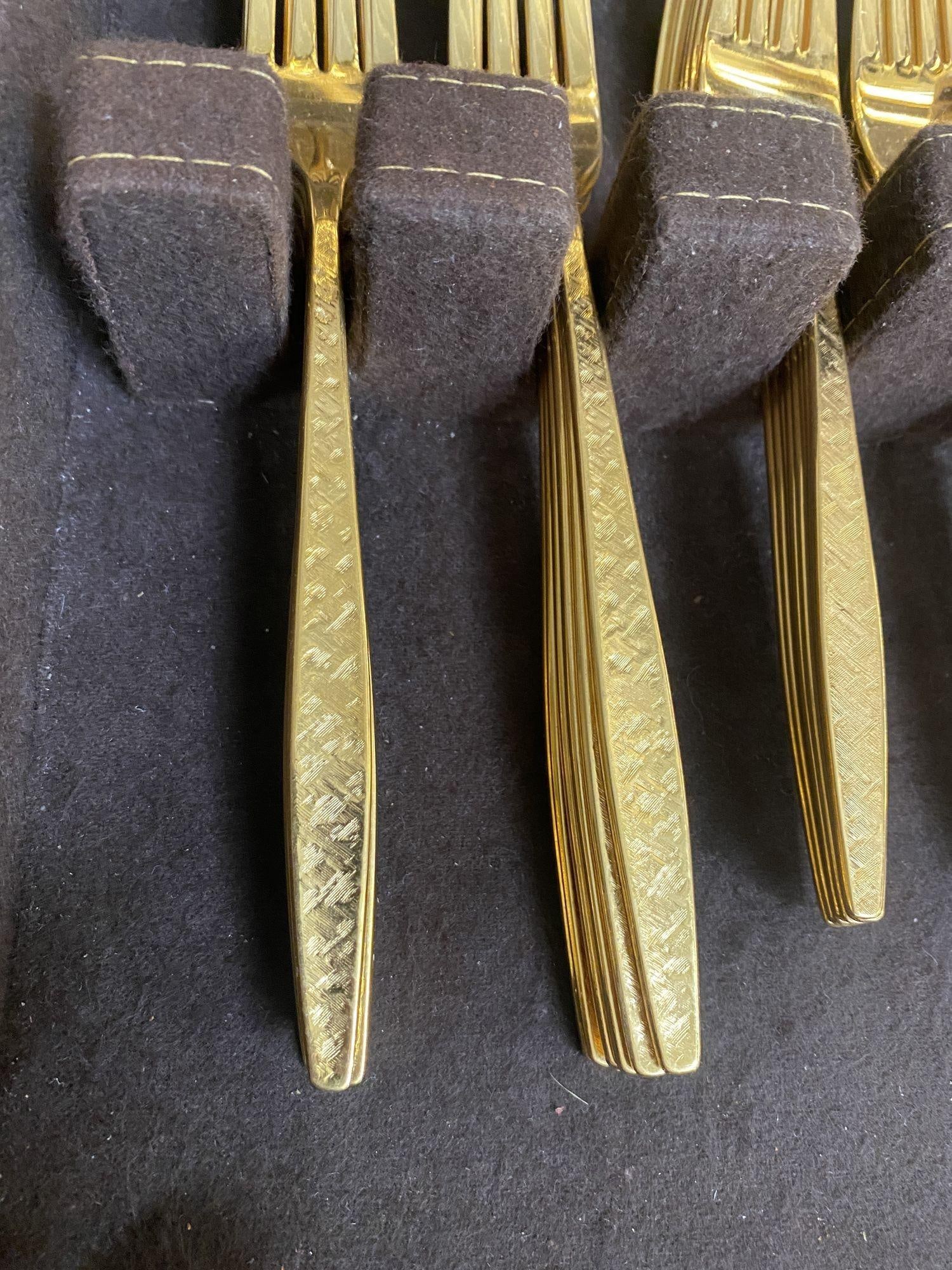 Modernist Pattern Gold Plated Stainless Flatware Set of 92 by 1847 Rogers Bros - 15