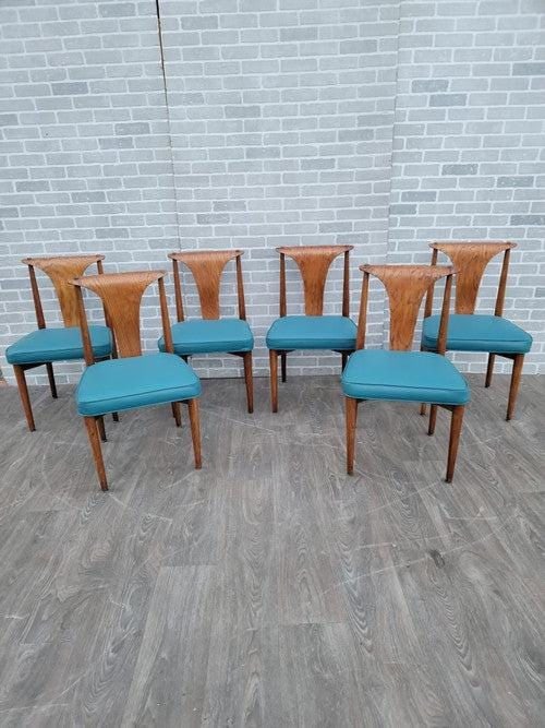 Mid Century Modern Lawrence Peabody Dining Chair Newly Reupholstered In Leather - Set of 6: Title: Mid Century Modern Lawrence Peabody Dining Chair Newly Reupholstered In Leather - Set of 6 Description: Read the full description Materials: MCM, aqua, dining chairs, dining room table, furnish