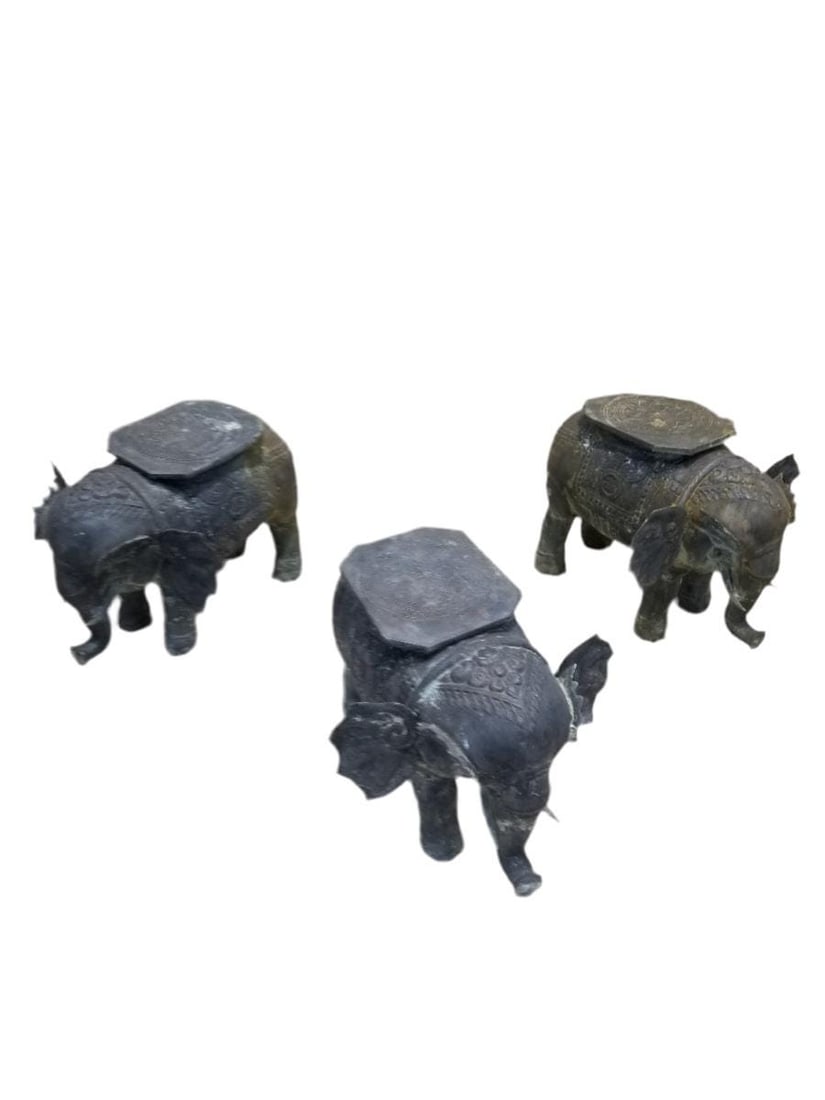Antique Balinese Hammered Bronze Saddled Elephant Plant-Stand Side Table - Set of 3: Title: Antique Balinese Hammered Bronze Saddled Elephant Plant-Stand Side Table - Set of 3 Description: Antique Balinese Finely Detailed Patina Hammered Bronze Saddled Elephant Plant-Stand/Cocktail Ta