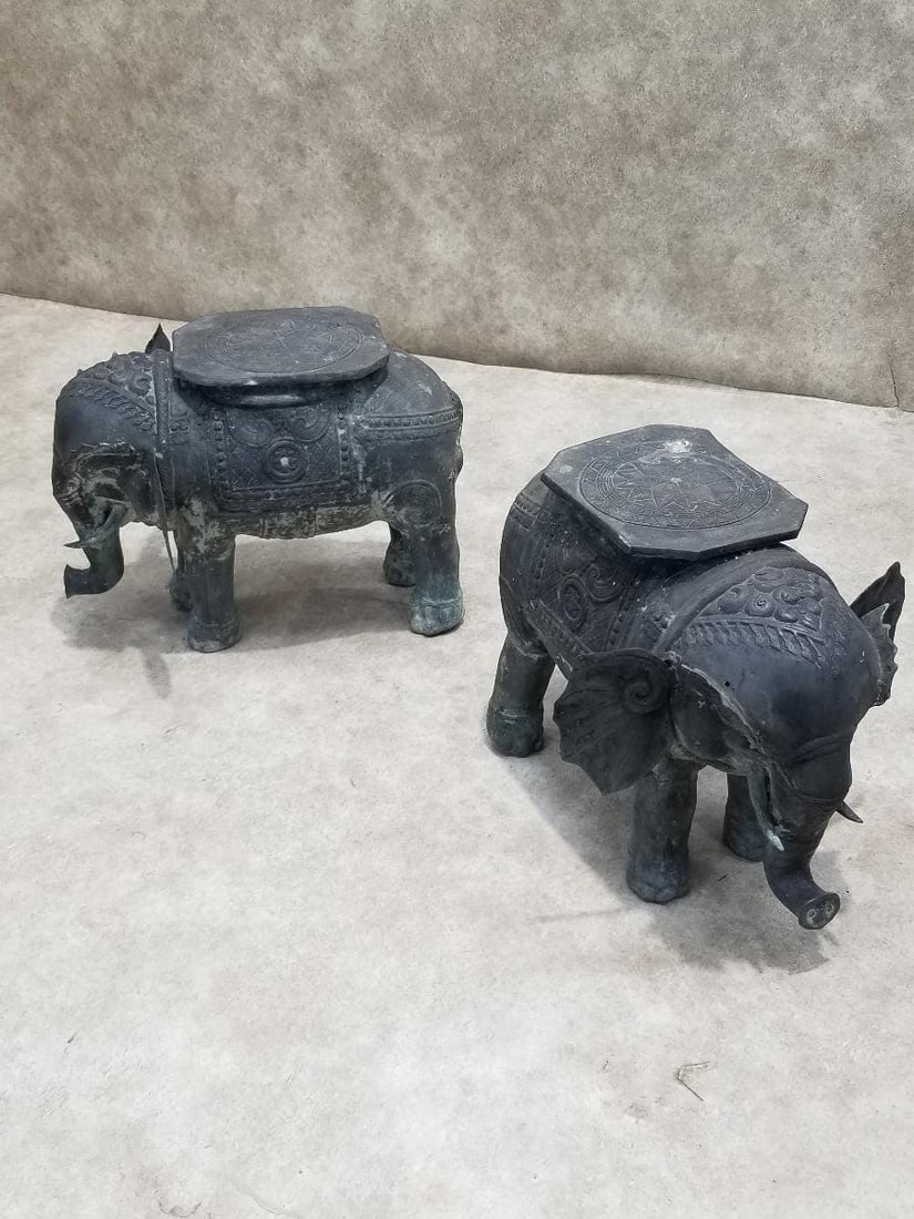 Antique Balinese Hammered Bronze Saddled Elephant Plant-Stand Side Table - Set of 3 - 5