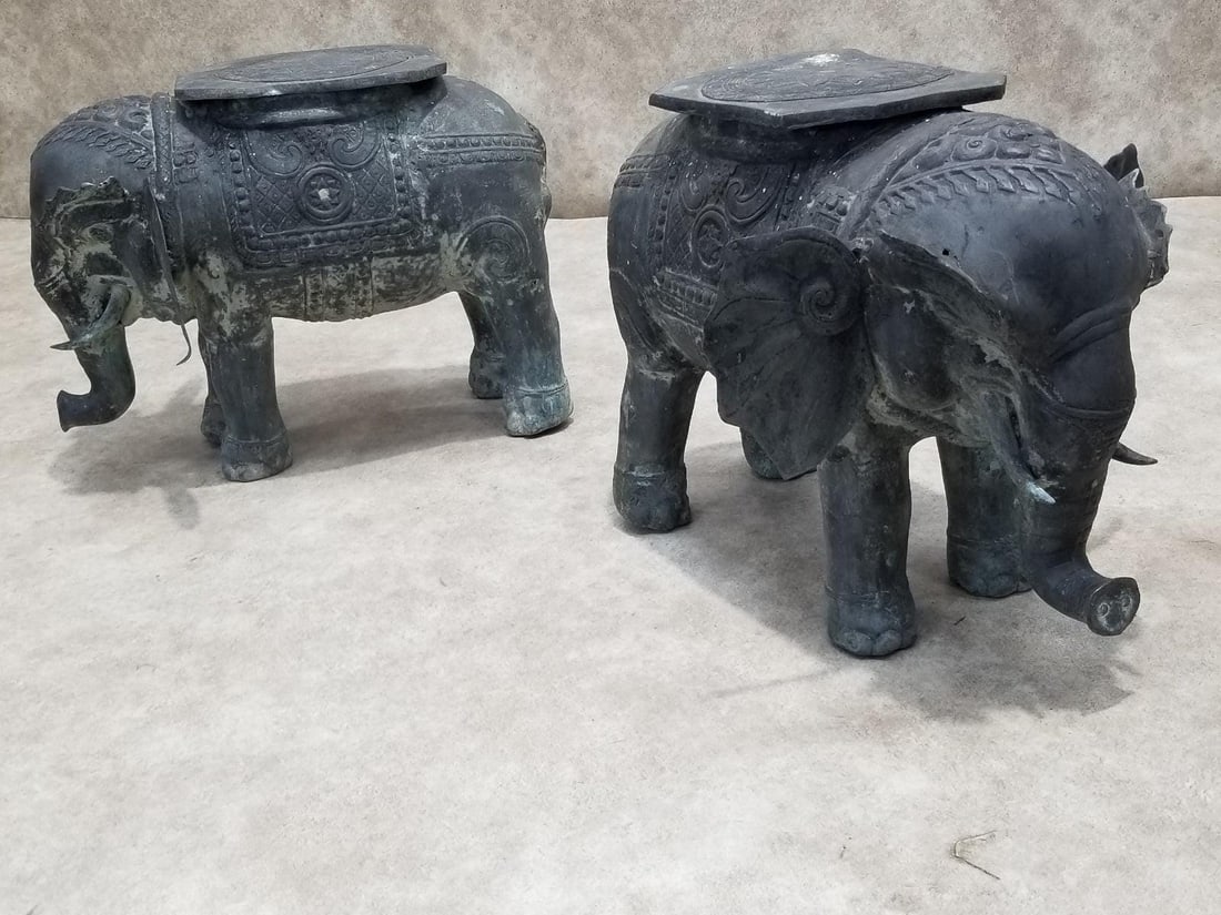 Antique Balinese Hammered Bronze Saddled Elephant Plant-Stand Side Table - Set of 3 - 6