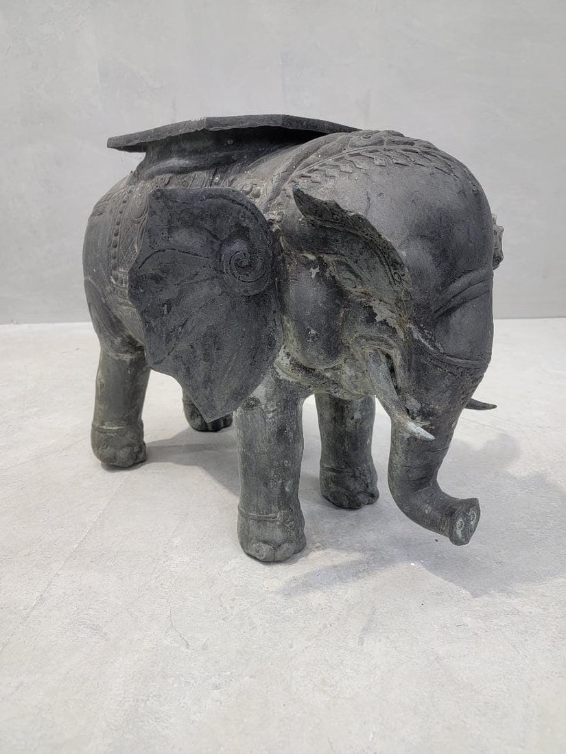 Antique Balinese Hammered Bronze Saddled Elephant Plant-Stand Side Table - Set of 3 - 7