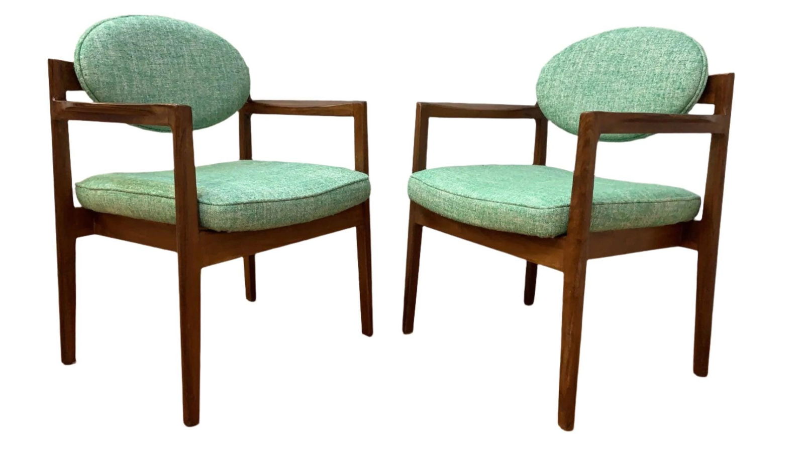 Mid Century Modern Oval Back Chairs by Jens Risom Newly Reupholstered - Pair: Title: Mid Century Modern Oval Back Chairs by Jens Risom Newly Reupholstered - Pair Description: Mid Century Modern Oval-Back Armchairs by Jens Risom Newly Reupholstered in Green Woven Wool-Linen Blen