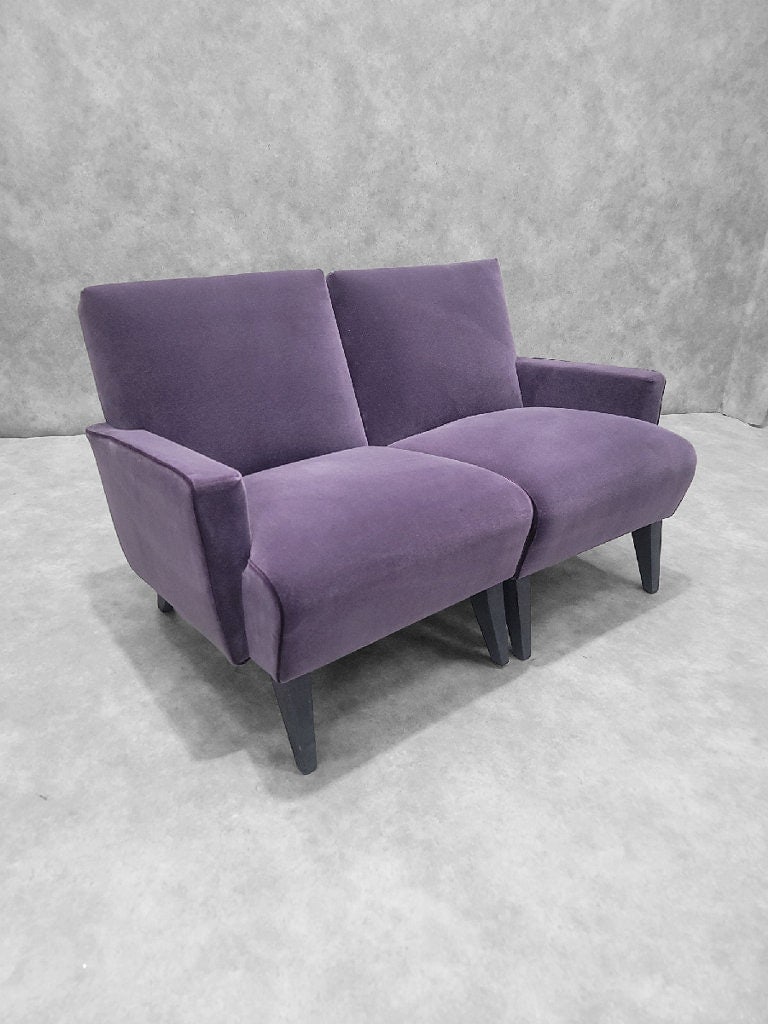 Mid Century Modern Jens Risom Split Single Arm Lounge Chairs- Set of 2: Title: Mid Century Modern Jens Risom Split Single Arm Lounge Chairs- Set of 2 Description: Materials: velvet, mohair, wood Overall width: 25.5 inches Overall height: 29.5 inches Overall depth: 20 inch