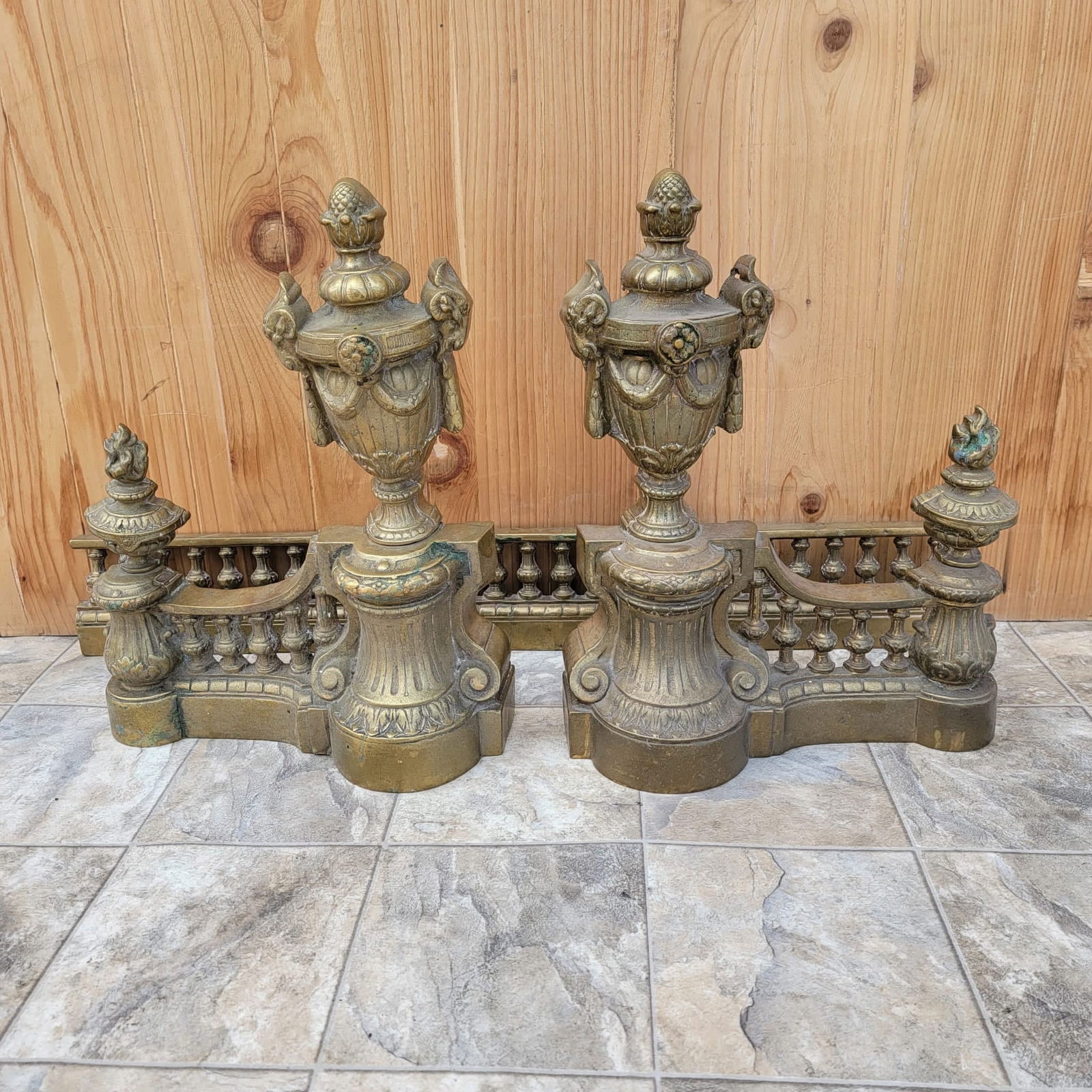 Antique French Louis XVI Style Bronze Cast Urn Festoon Andirons Fireplace Front Fender, Set - 2