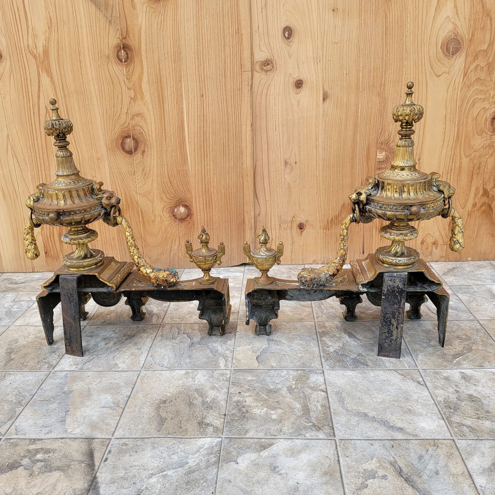 Antique French Louis XVI Style Bronze Cast Urn Festoon Andirons Fireplace Front Fender, Set - 5