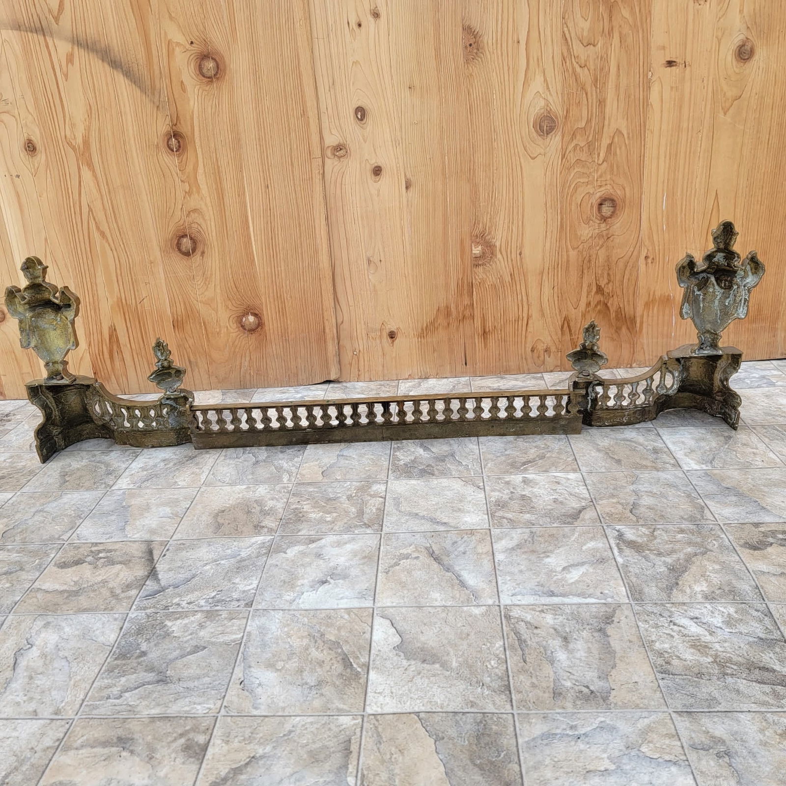 Antique French Louis XVI Style Bronze Cast Urn Festoon Andirons Fireplace Front Fender, Set - 6