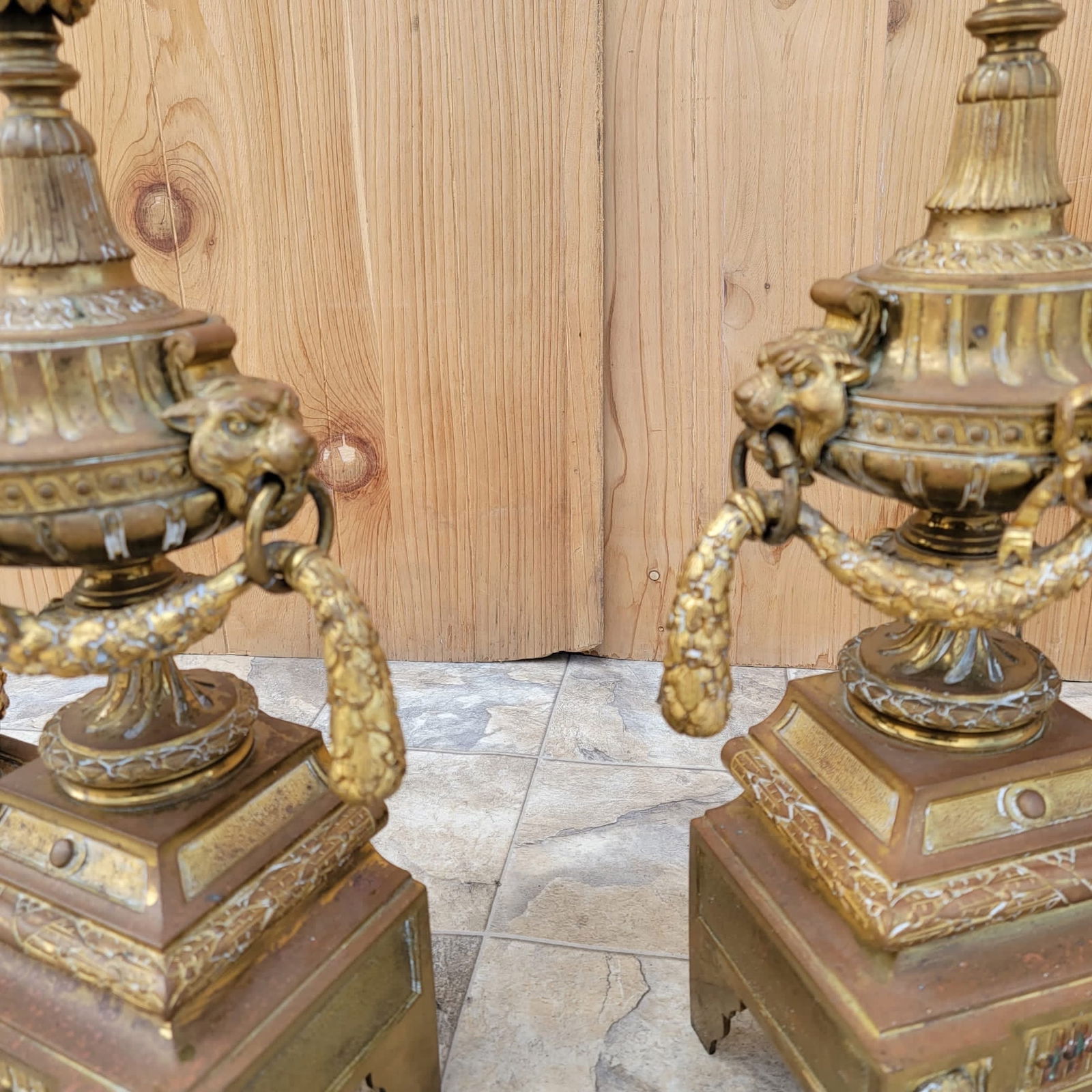 Antique French Louis XVI Style Bronze Cast Urn Festoon Andirons Fireplace Front Fender, Set - 8