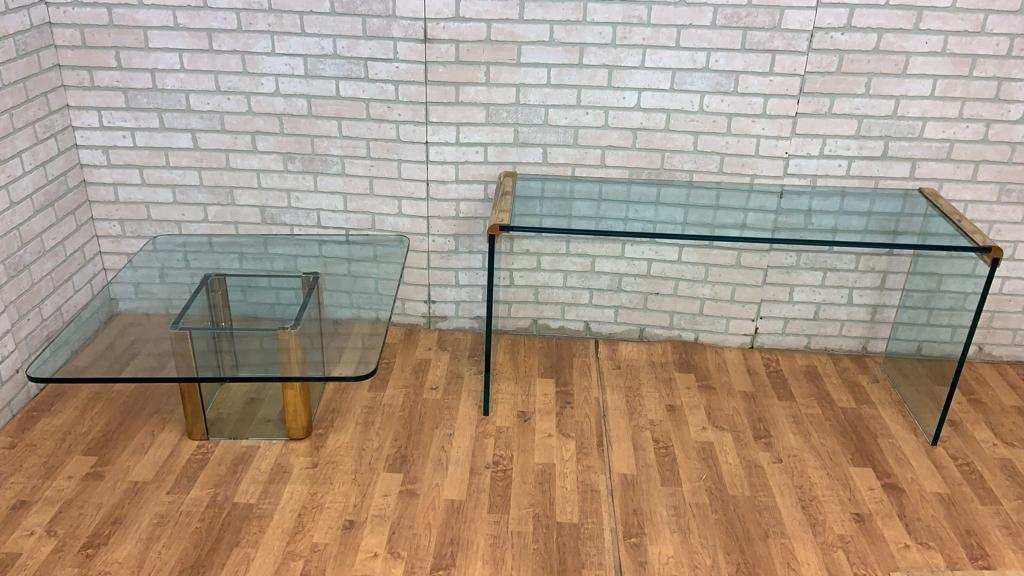 Mid Century Modern Waterfall Coffee Table and Console Table by Leon Rosen for Pace Collection - Set: Title: Mid Century Modern Waterfall Coffee Table and Console Table by Leon Rosen for Pace Collection - Set of 2 Description: Vintage from the 1970s Materials: Brass, Glass, metal Width: 56.5 inches He