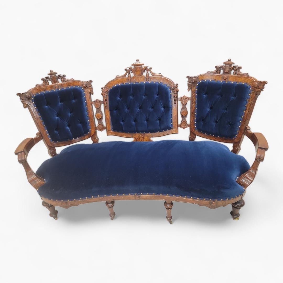 Antique Victorian Eastlake Style Carved Tufted Parlor Settee Sofa Newly Reupholstered in Blue Velvet (1 of 9)
