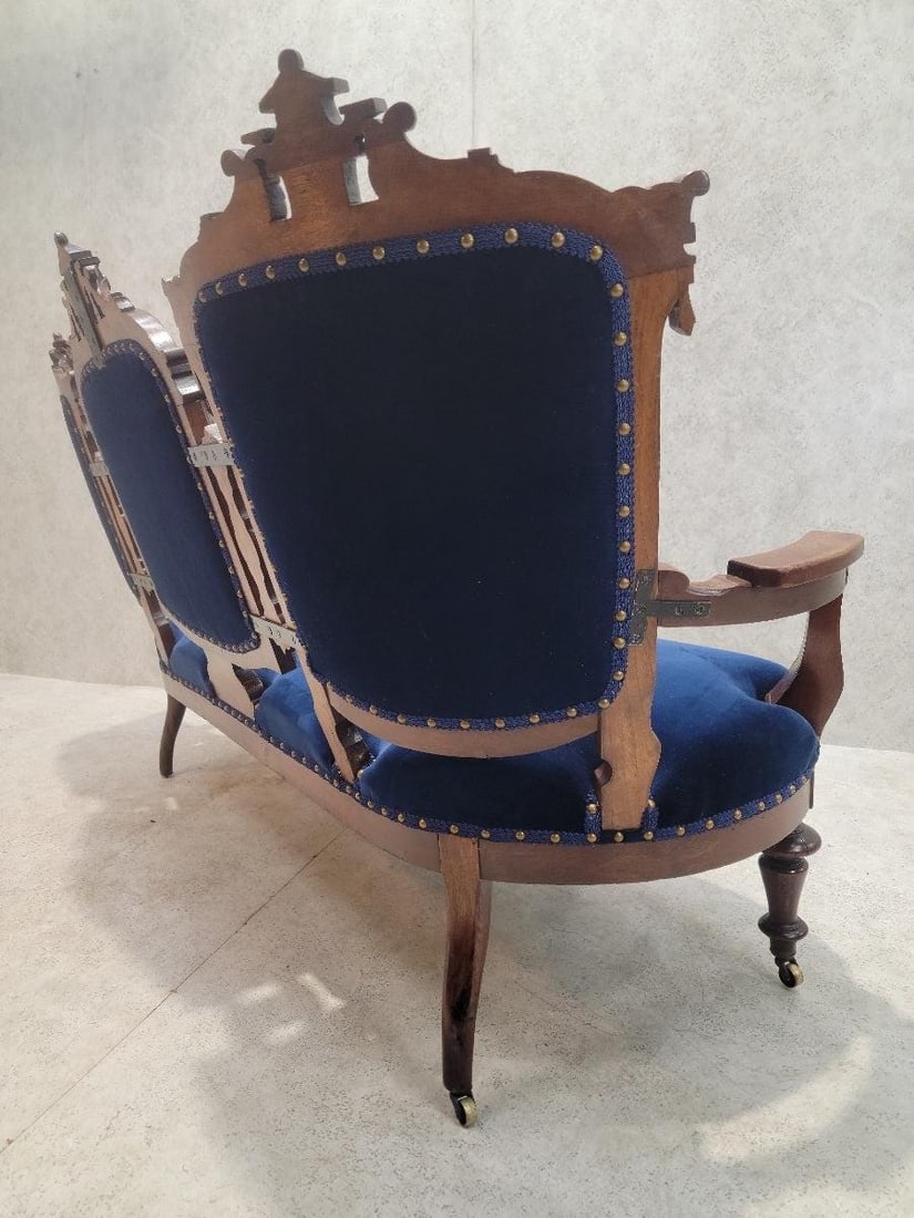 Antique Victorian Eastlake Style Carved Tufted Parlor Settee Sofa Newly Reupholstered in Blue Velvet - 5