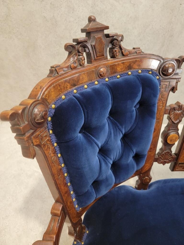 Antique Victorian Eastlake Style Carved Tufted Parlor Settee Sofa Newly Reupholstered in Blue Velvet - 9