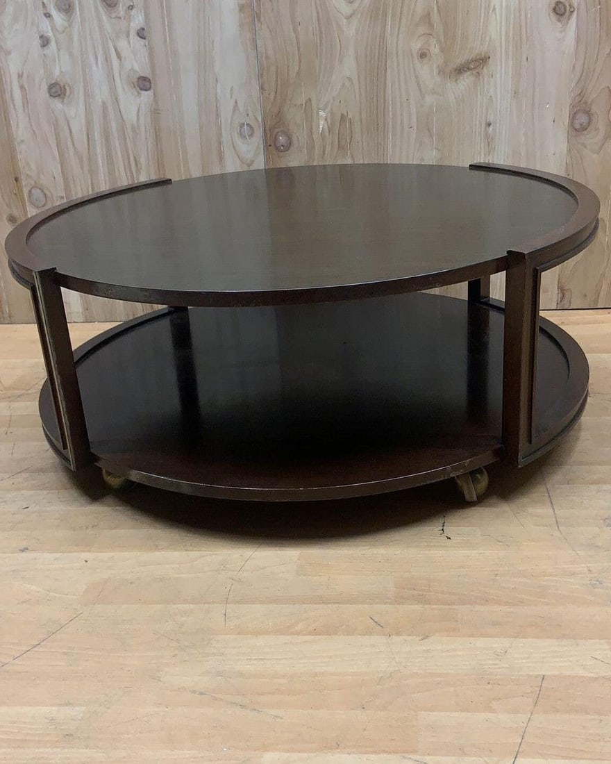 Vintage Two Tier Round Wood Coffee Table on Casters - 2