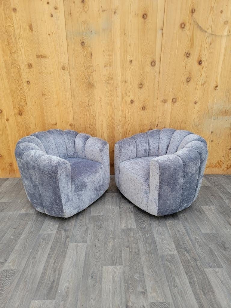 Mid Century Modern Channel-Back Swivel Lounge Chairs Newly Reupholstered in Boucle - 5