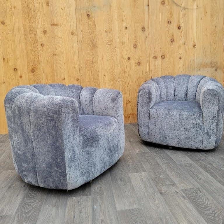 Mid Century Modern Channel-Back Swivel Lounge Chairs Newly Reupholstered in Boucle - 7