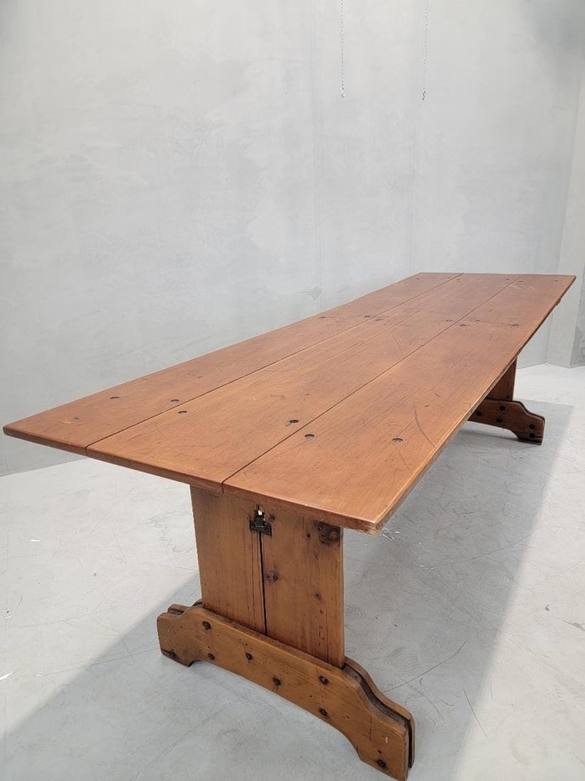 Antique French Pine Plank Trestle Farm Table - 7