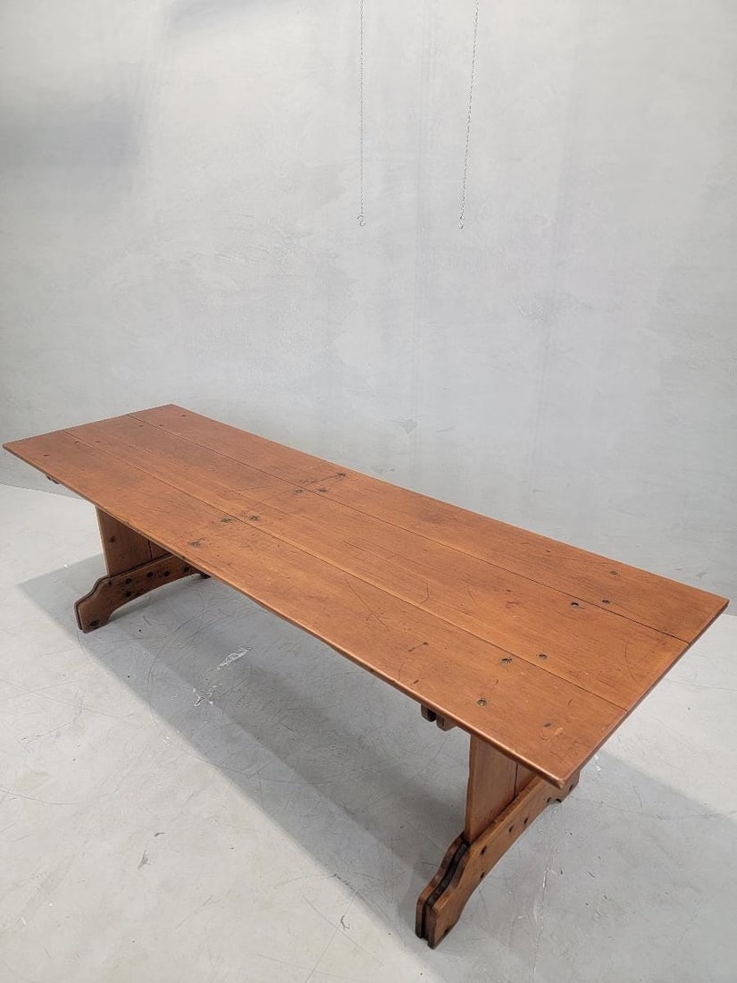Antique French Pine Plank Trestle Farm Table - 8