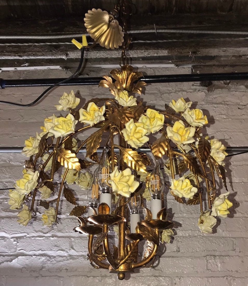 Hollywood Regency Italian Gold Gilt Yellow Porcelain Roses Chandelier (1 of 9)