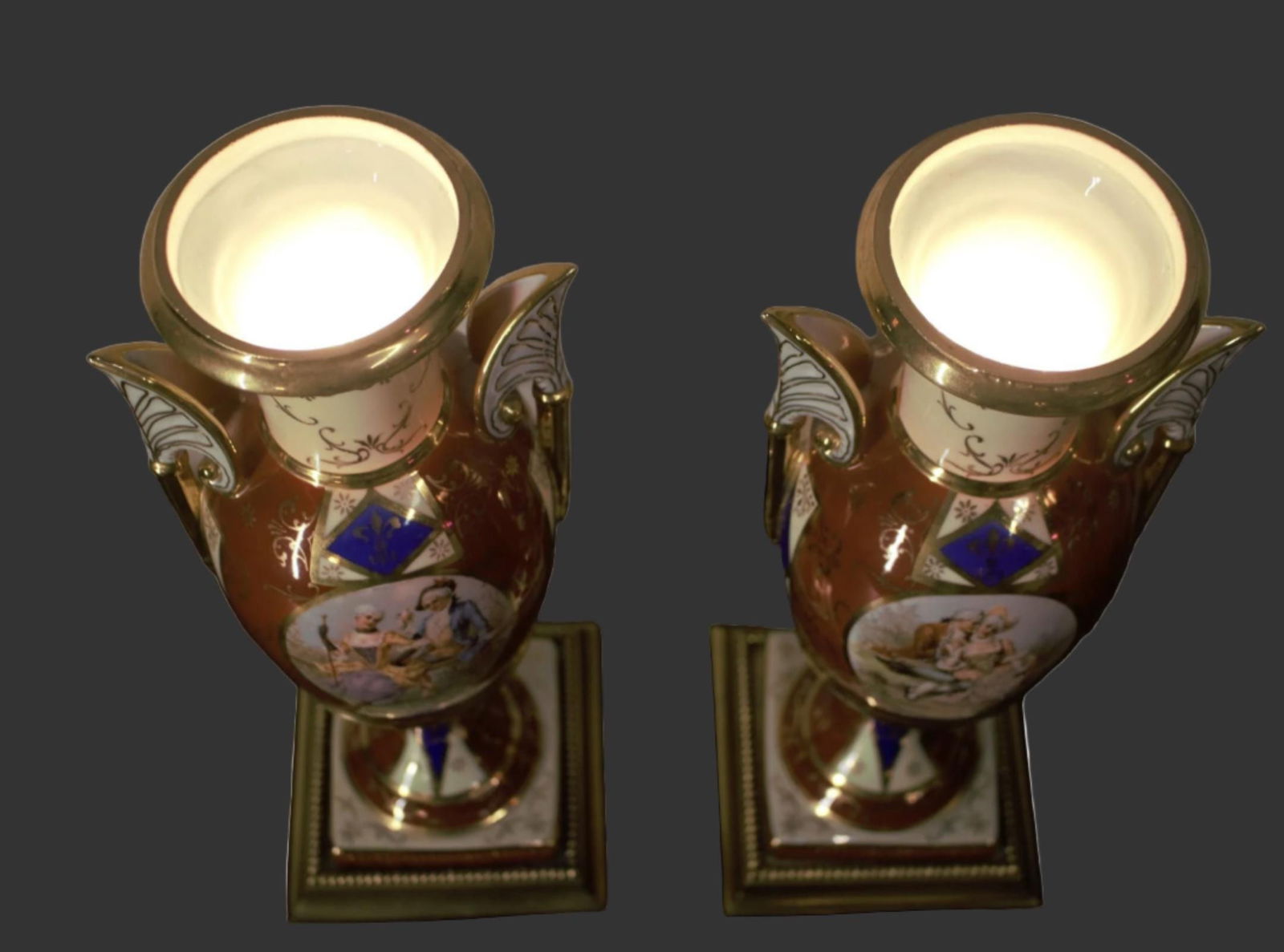 Antique French Sevres Style Hand Painted Porcelain and Brass Electrified Urns Table Lamps - Pair - 4