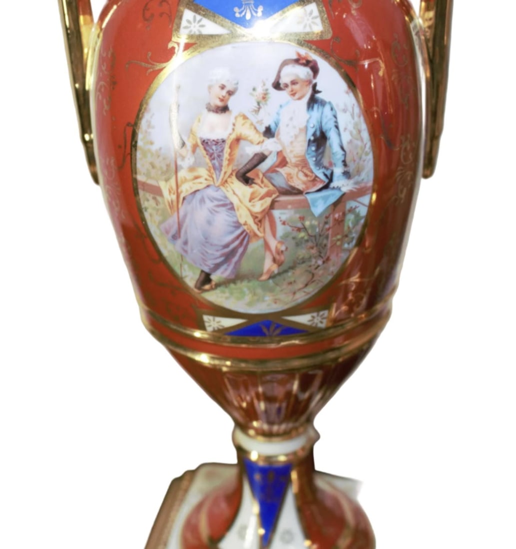 Antique French Sevres Style Hand Painted Porcelain and Brass Electrified Urns Table Lamps - Pair - 5