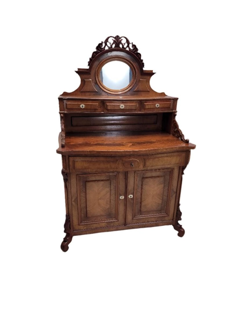 Antique English Victorian Bookmatched Mahogany Mirror Topped Chiffonier Cabinet (1 of 9)