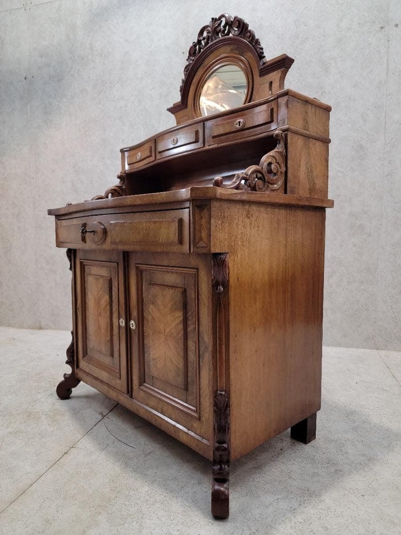 Antique English Victorian Bookmatched Mahogany Mirror Topped Chiffonier Cabinet - 4
