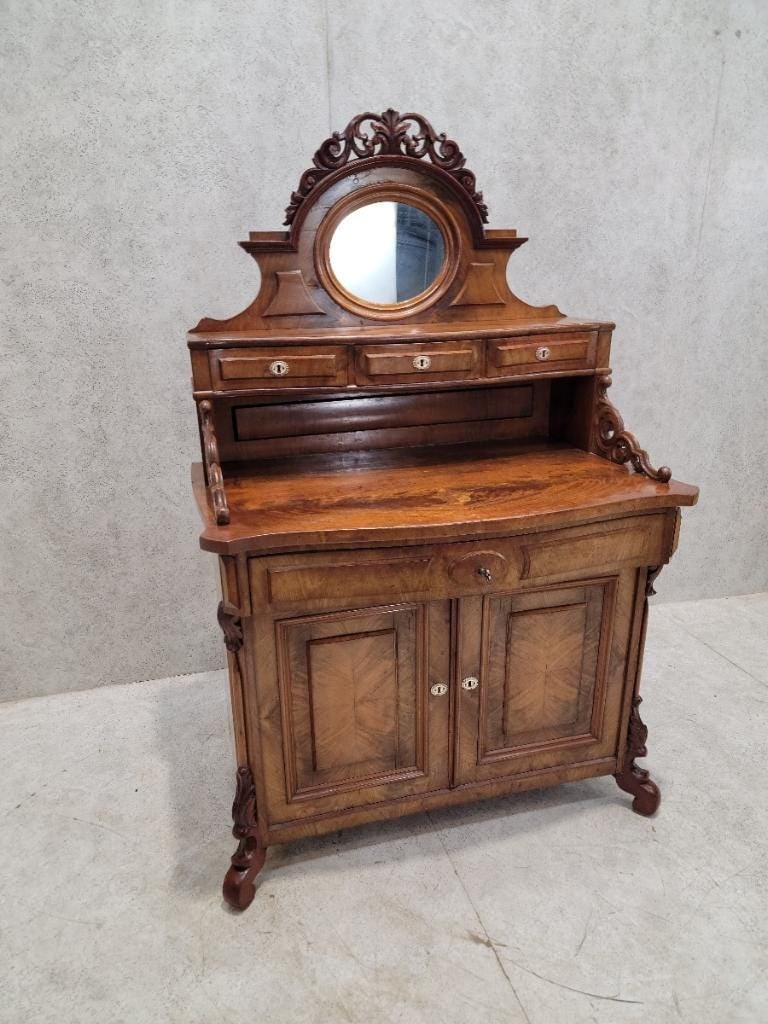 Antique English Victorian Bookmatched Mahogany Mirror Topped Chiffonier Cabinet - 7