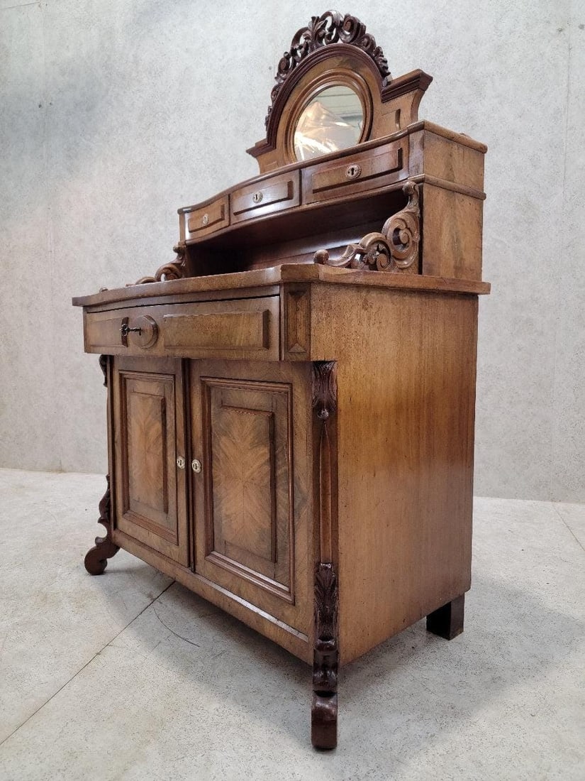 Antique English Victorian Bookmatched Mahogany Mirror Topped Chiffonier Cabinet - 9